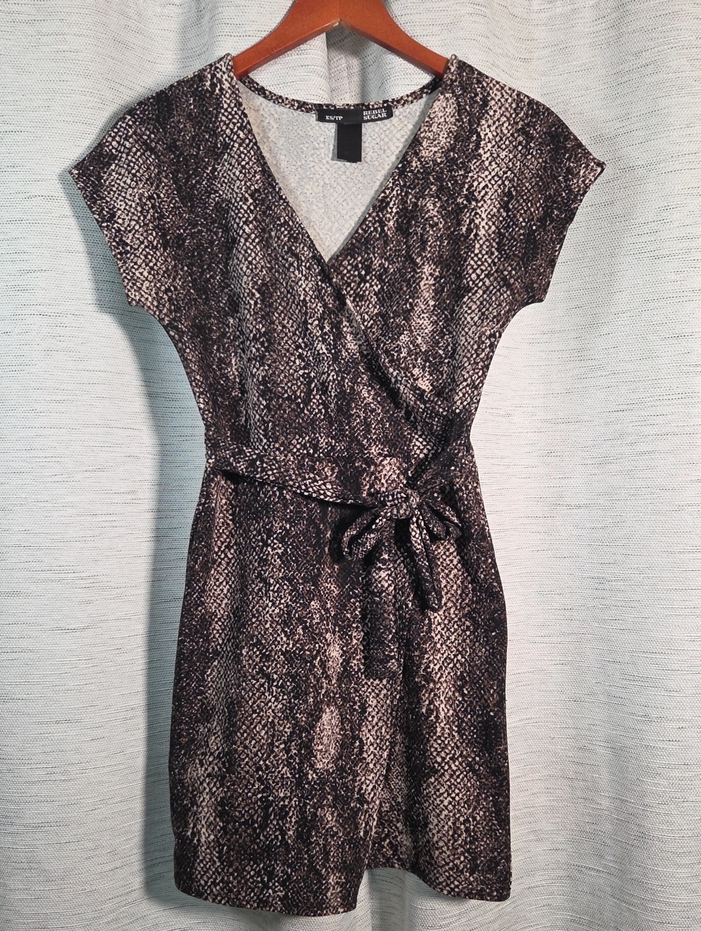 Asymetrical Snake-Print Wrap Mini Dress in Black and Brown
